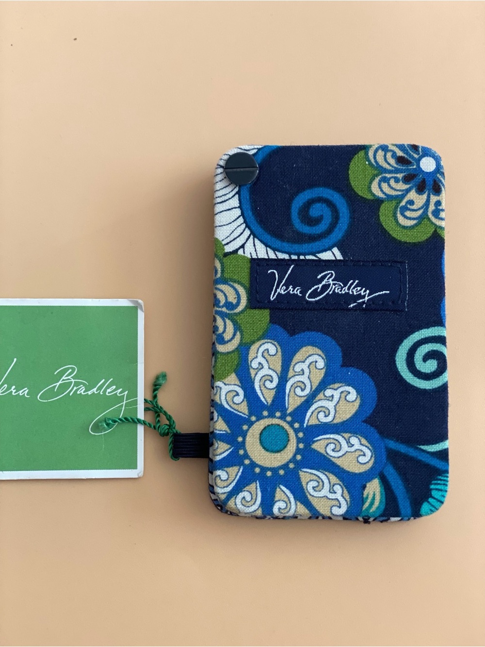 Vera Bradley Navy Blue Floral Fabric Phone Wallet Case with Green Accents